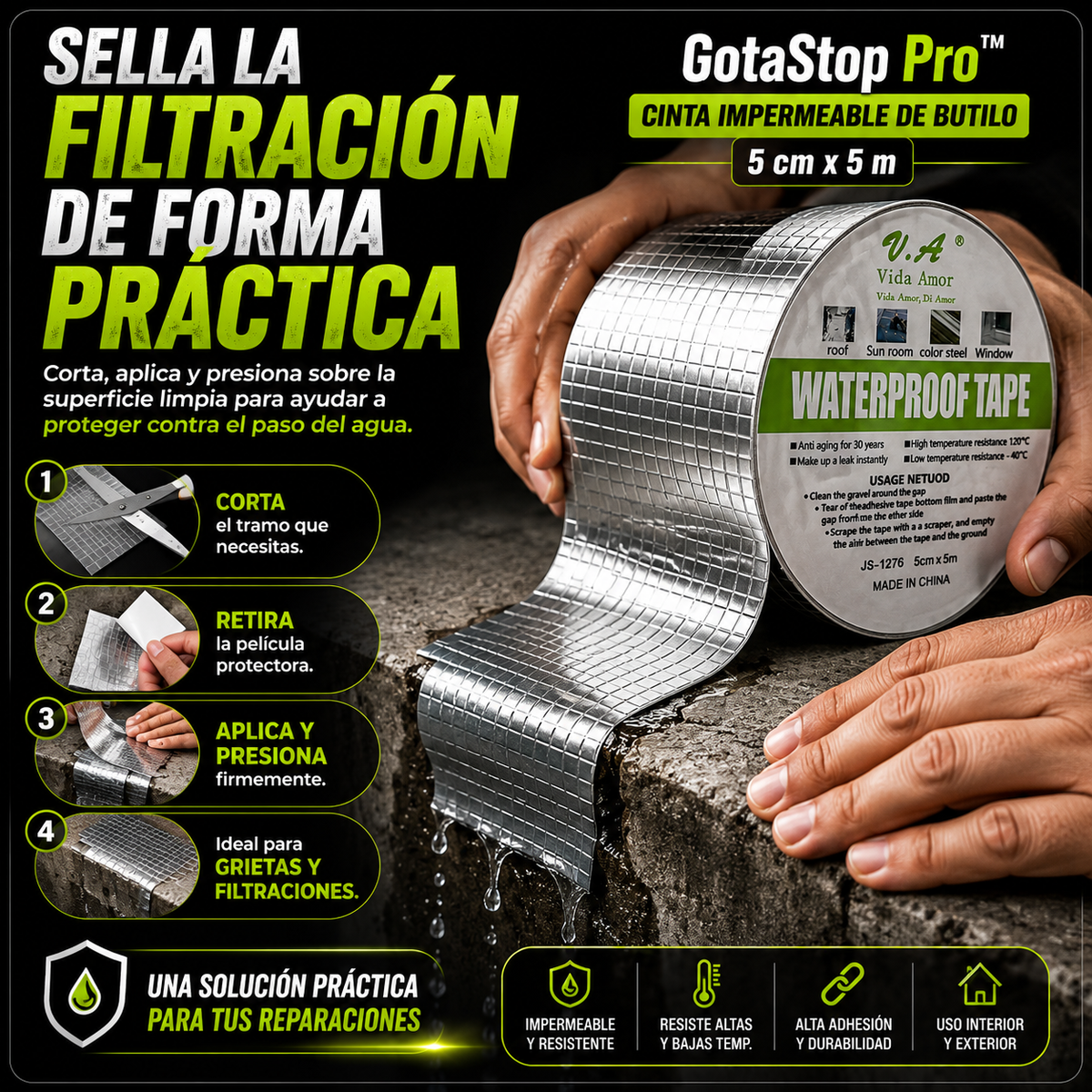 GotaStop Pro™  Cinta Impermeable de Butilo 5 cm x 5 m