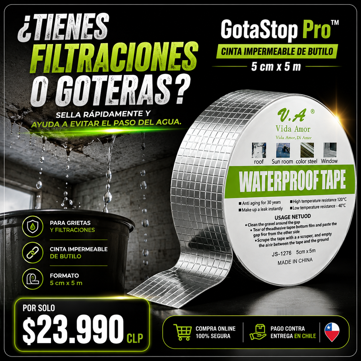 GotaStop Pro™  Cinta Impermeable de Butilo 5 cm x 5 m